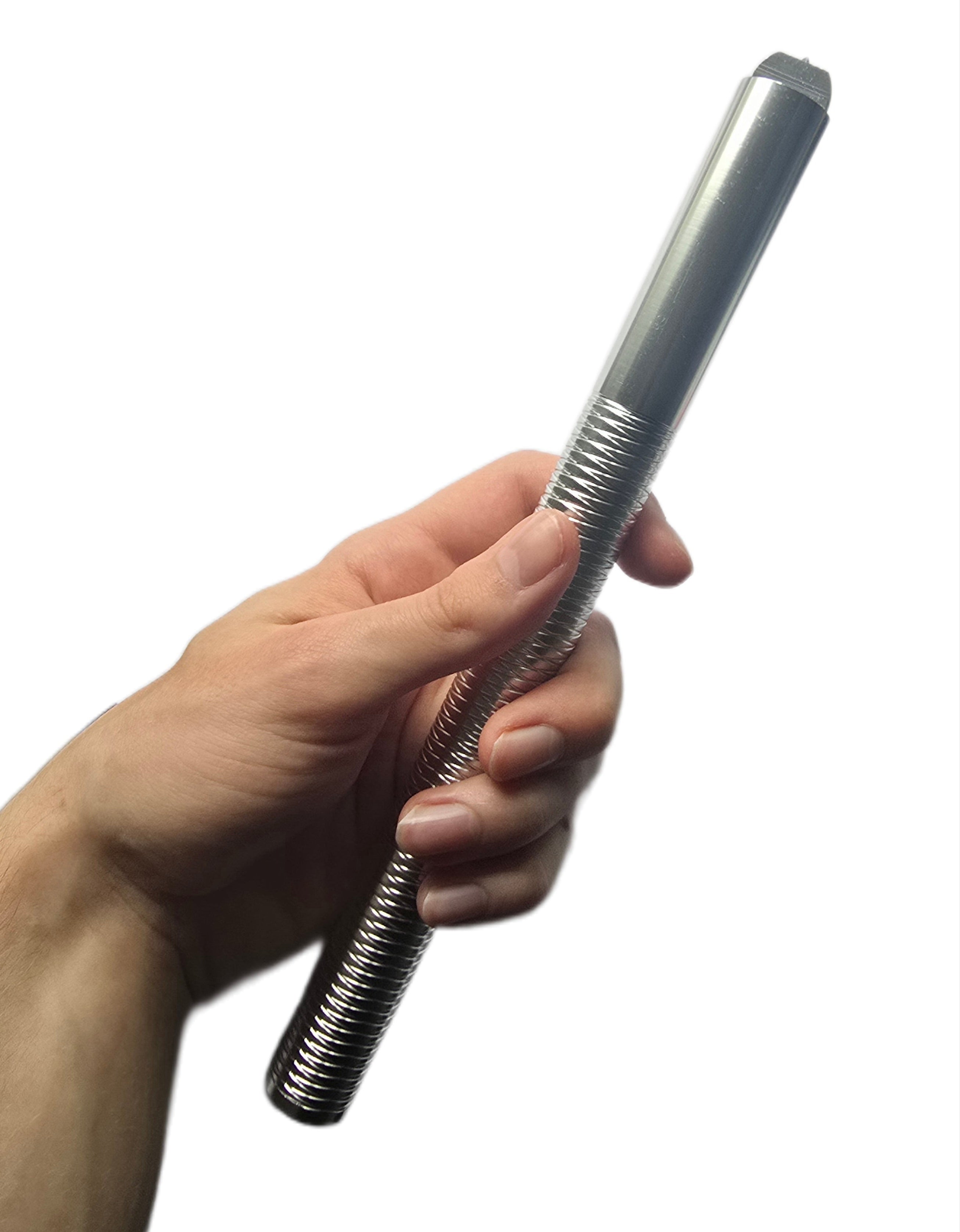 Hand holding a metallic fishing rod with a coiled design on a white background